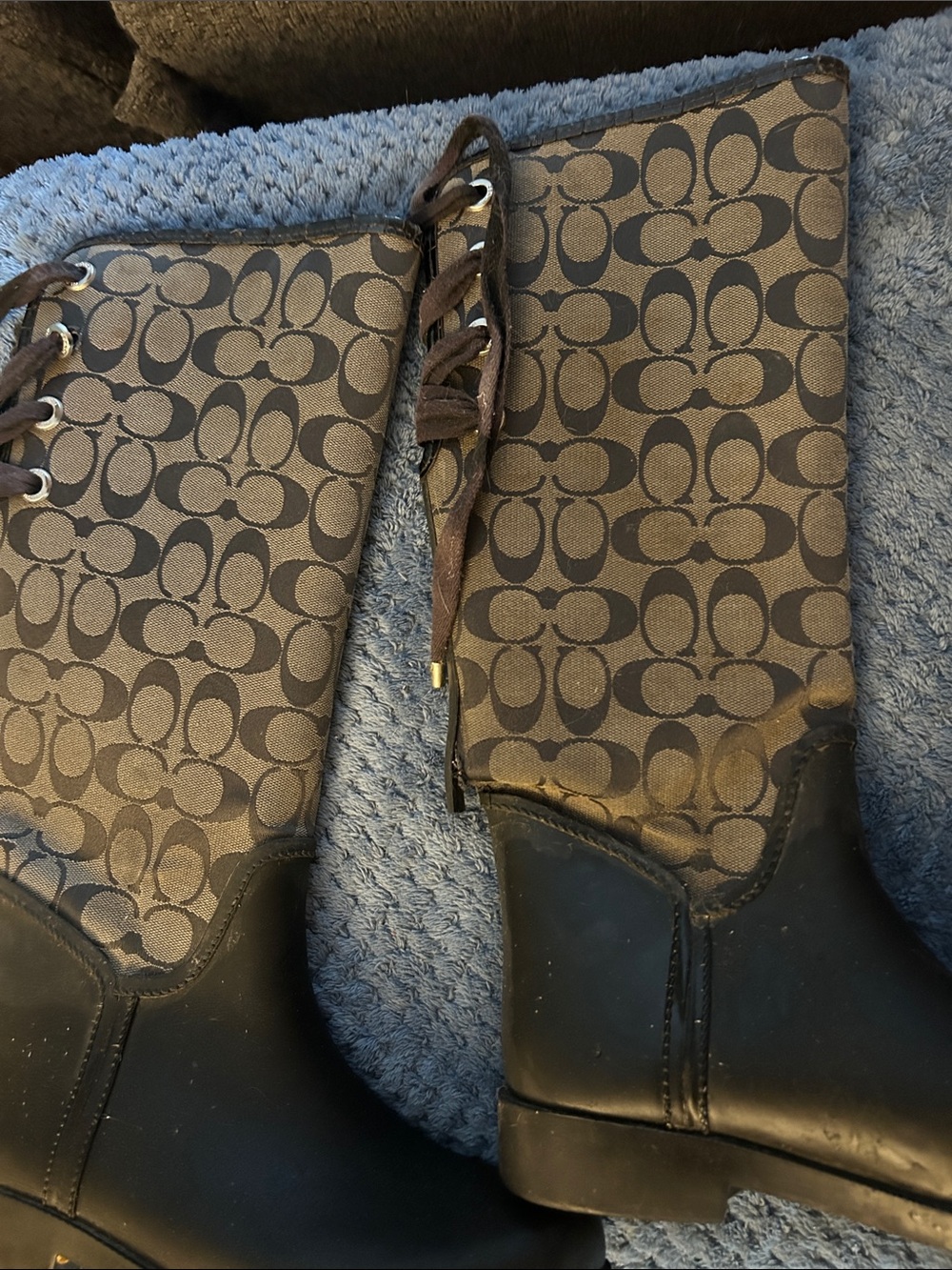 Coach Brown and Black Signature Monogram Lace-Up Rain Boots
